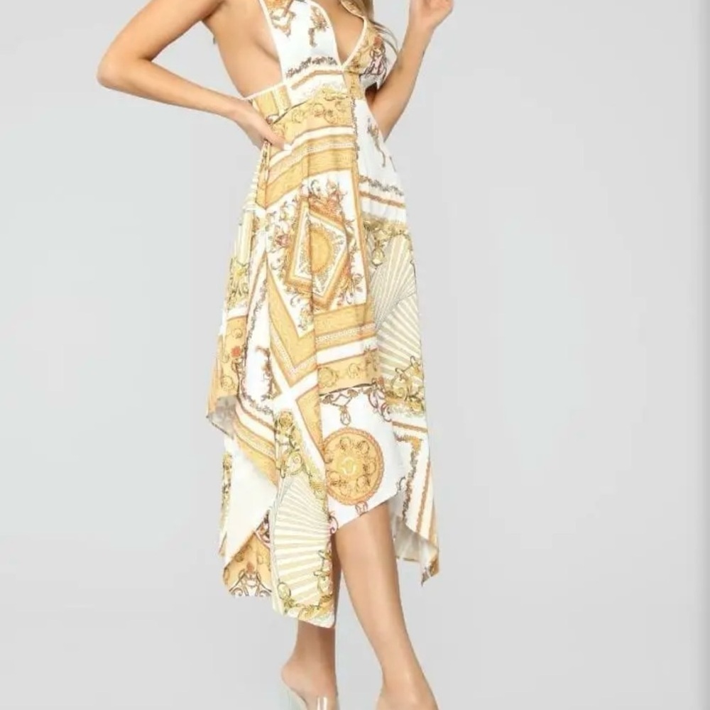 Fashion Nova Asymmetrical Dress in Gold and White